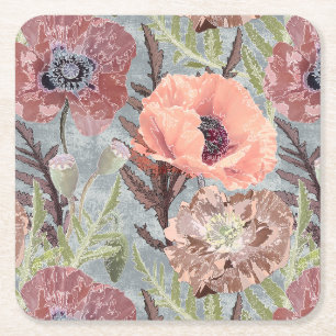Dessous-de-verre Carré En Papier Poppies rose floral vintage gris arrière - plan st