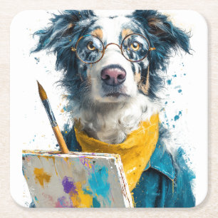Dessous-de-verre Carré En Papier Portrait de chien peintre artistique