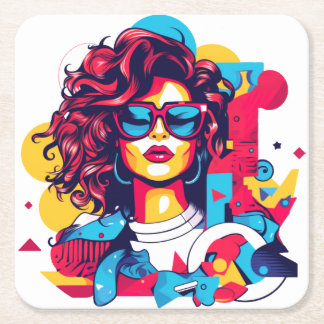 Dessous-de-verre Carré En Papier Portrait de style des années 80 avec un trait géom