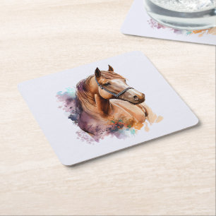 Dessous-de-verre Carré En Papier Portrait de tête de cheval brun à l'aquarelle