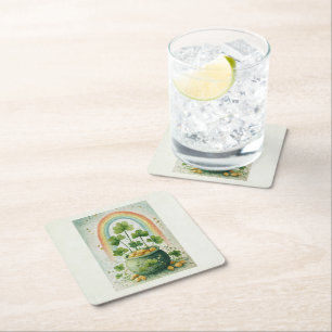Dessous-de-verre Carré En Papier Pot de Monnaie Dorée et Arc-en-Ciel Vintage