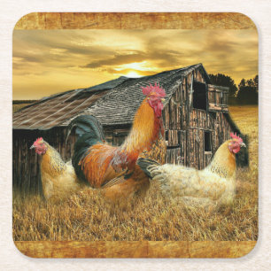 Dessous-de-verre Carré En Papier Poules à coq vintage Grotte à coop rustique