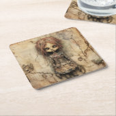 Dessous-de-verre Carré En Papier Poupée déplaisante avec poupée rose (Incliné)