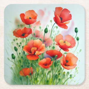Dessous-de-verre Carré En Papier Prairie de coquelicots, aquarelle -