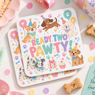 Dessous-de-verre Carré En Papier Prêt pour la fête mignonne du chiot 2ème anniversa