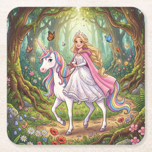 Dessous-de-verre Carré En Papier Princesse de dessin animé chevauchant la licorne