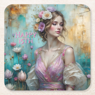 Dessous-de-verre Carré En Papier Princesse en rose, Joyeux Anniversaire 15 ans *per