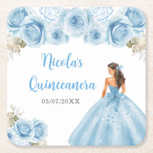 Dessous-de-verre Carré En Papier Princesse Florale en Robe Bleue Quinceanera