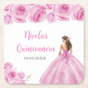 Dessous-de-verre Carré En Papier Princesse Florale en robe rose pâle Quinceanera
