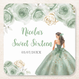 Dessous-de-verre Carré En Papier Princesse Florale en Sweet sixteen Robe verte Sage