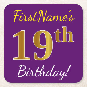 Dessous-de-verre Carré En Papier Purple, Faux Gold 19e anniversaire + Nom personnal