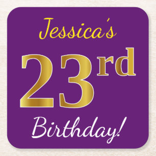 Dessous-de-verre Carré En Papier Purple, Faux Gold 23ème anniversaire + Nom personn