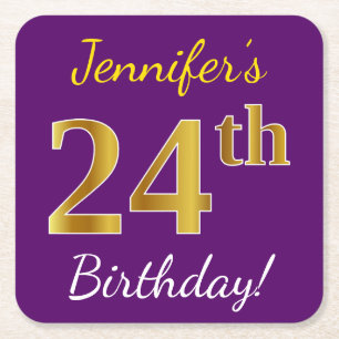 Dessous-de-verre Carré En Papier Purple, Faux Gold 24e anniversaire + Nom personnal