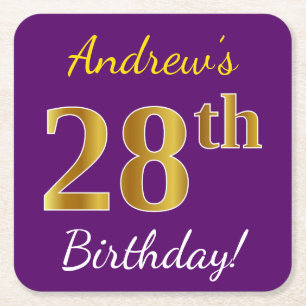 Dessous-de-verre Carré En Papier Purple, Faux Gold 28e anniversaire + Nom personnal