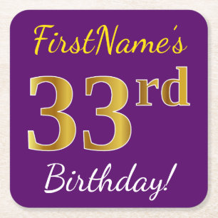 Dessous-de-verre Carré En Papier Purple, Faux Gold 33ème anniversaire + Nom personn
