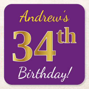 Dessous-de-verre Carré En Papier Purple, Faux Gold 34e anniversaire + Nom personnal