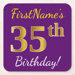 Dessous-de-verre Carré En Papier Purple, Faux Gold 35e anniversaire + Nom personnal