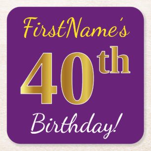 Dessous-de-verre Carré En Papier Purple, Faux Gold 40e anniversaire + Nom personnal