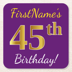 Dessous-de-verre Carré En Papier Purple, Faux Gold 45e anniversaire + Nom personnal
