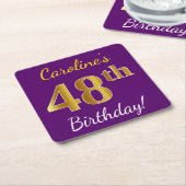 Dessous-de-verre Carré En Papier Purple, Faux Gold 48e anniversaire + Nom personnal (Incliné)