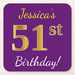 Dessous-de-verre Carré En Papier Purple, Faux Gold 51e anniversaire + Nom personnal
