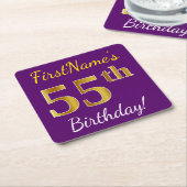 Dessous-de-verre Carré En Papier Purple, Faux Gold 55e anniversaire + Nom personnal (Incliné)