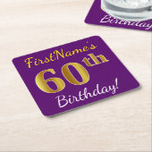 Dessous-de-verre Carré En Papier Purple, Faux Gold 60e anniversaire + Nom personnal (Incliné)