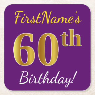 Dessous-de-verre Carré En Papier Purple, Faux Gold 60e anniversaire + Nom personnal