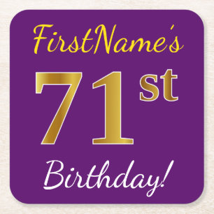 Dessous-de-verre Carré En Papier Purple, Faux Gold 71e anniversaire + Nom personnal