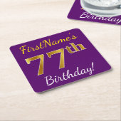 Dessous-de-verre Carré En Papier Purple, Faux Gold 77e anniversaire + Nom personnal (Incliné)