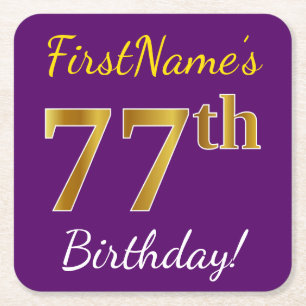 Dessous-de-verre Carré En Papier Purple, Faux Gold 77e anniversaire + Nom personnal