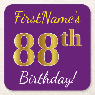 Dessous-de-verre Carré En Papier Purple, Faux Gold 88e anniversaire + Nom personnal