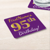 Dessous-de-verre Carré En Papier Purple, Faux Gold 95e anniversaire + Nom personnal (Incliné)