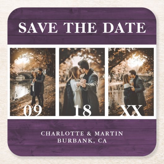 Dessous-de-verre Carré En Papier Purple Wood Mariage Photo Enregistrer La Date (Devant)