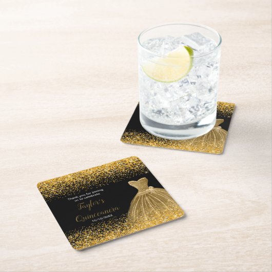 Dessous-de-verre Carré En Papier Quinceanera Gold Faux Parties scintillant (En situation)