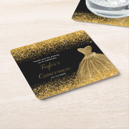 Dessous-de-verre Carré En Papier Quinceanera Gold Faux Parties scintillant (Incliné)