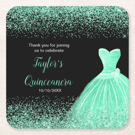 Dessous-de-verre Carré En Papier Quinceanera Mint Green Faux Parties scintillant (Devant)