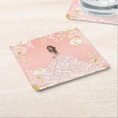 Dessous-de-verre Carré En Papier Quinceanera rose blanc et or botancienne (Incliné)