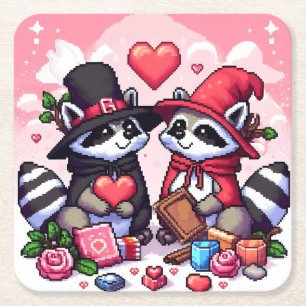 Dessous-de-verre Carré En Papier Raccoons dans l'art des pixels amoureux