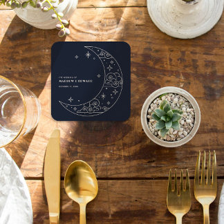Dessous-de-verre Carré En Papier Réception de mariage céleste Navy Moon & Stars