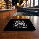 Dessous-de-verre Carré En Papier Rechercher notre menu Code QR personnalisé et logo<br><div class="desc">Le design moderne et minimaliste du dessous de verre en papier carré noir et blanc créé pour un restaurant ou un bar comprend votre code QR personnalisé qui guidera les clients à "Rechercher notre menu". Le dos de la carte comprend un logo de l'entreprise et du texte personnalisé qui peut...</div>
