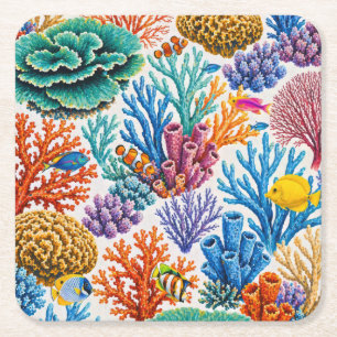 Dessous-de-verre Carré En Papier Récif de corail coloré poisson tropical