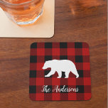 Dessous-de-verre Carré En Papier Red Buffalo Plaid & Bear | Nom personnel Cadeau<br><div class="desc">Red Buffalo Plaid & Bear | Nom personnel Cadeau</div>