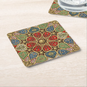 Dessous-de-verre Carré En Papier Red Green Blue Faux Gold Motif d'art arabe