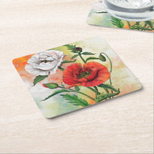 Dessous-de-verre Carré En Papier Red White Poppies Paper Coaster Painting