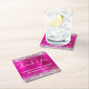 Dessous-de-verre Carré En Papier Remerciement Fête de Bébé Paillettes Argent Rose C