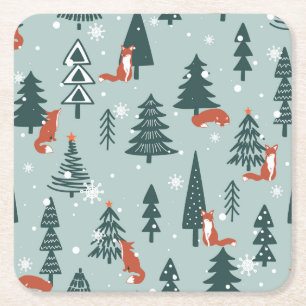 Dessous-de-verre Carré En Papier Renards, sapins, hiver, motif coloré