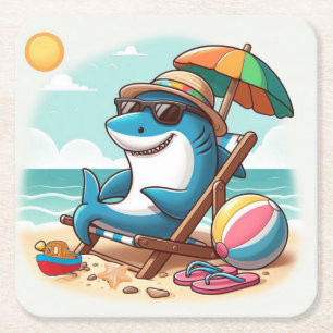 Dessous-de-verre Carré En Papier Requin caricatural à la plage