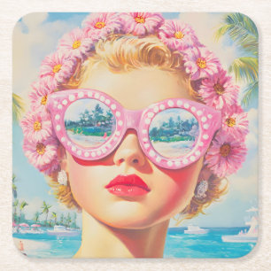 Dessous-de-verre Carré En Papier Retro Beach Girl avec lunettes de soleil florales