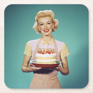 Dessous-de-verre Carré En Papier Retro Maman tient un gâteau de fête
